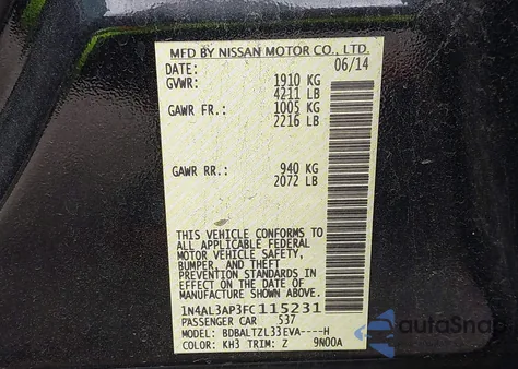 2015 Nissan Altima 2.5 Sl z USA, uszkodzony, nr VIN 1N4AL3AP3FC115231